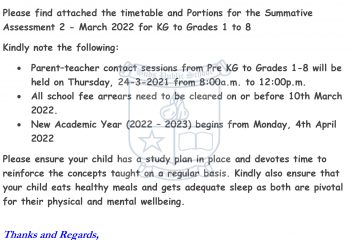 Summative Assessment 2 - March 2022 - timetable, portions & PTCS